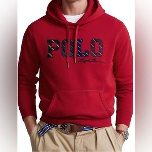 Polo Ralph Lauren Red Varsity Striped Logo Hoodie Sweatshirt Size Large